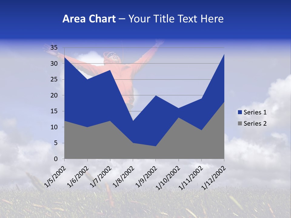 Man Jumping On A Green Meadow With A Beautiful Cloudy Sky PowerPoint Template