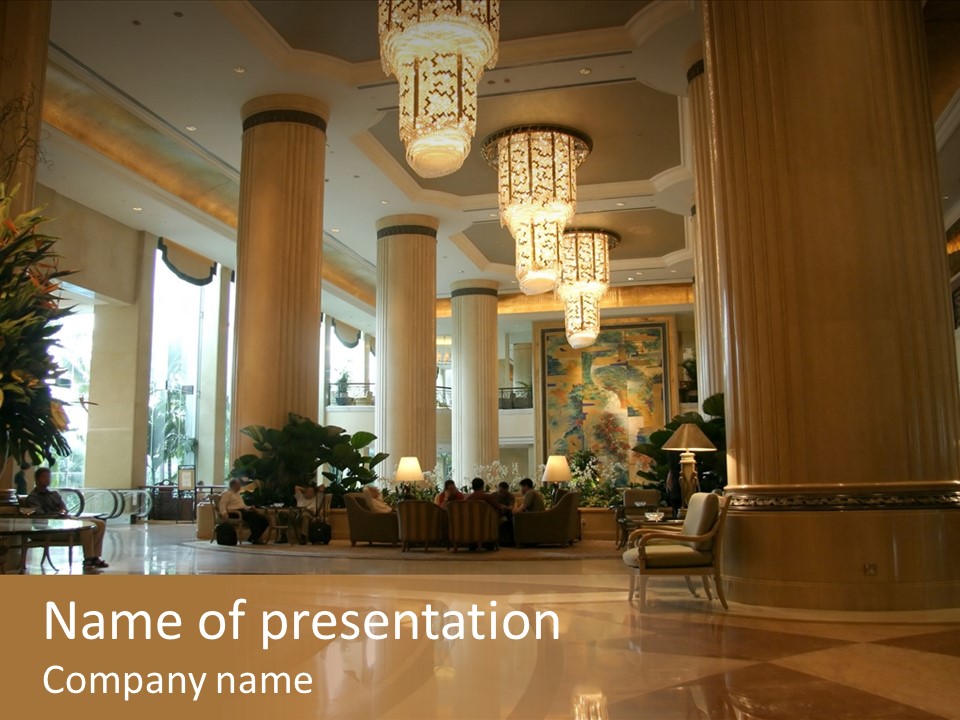 Large Interior With High Ceiling And Posh Chandeliers PowerPoint Template