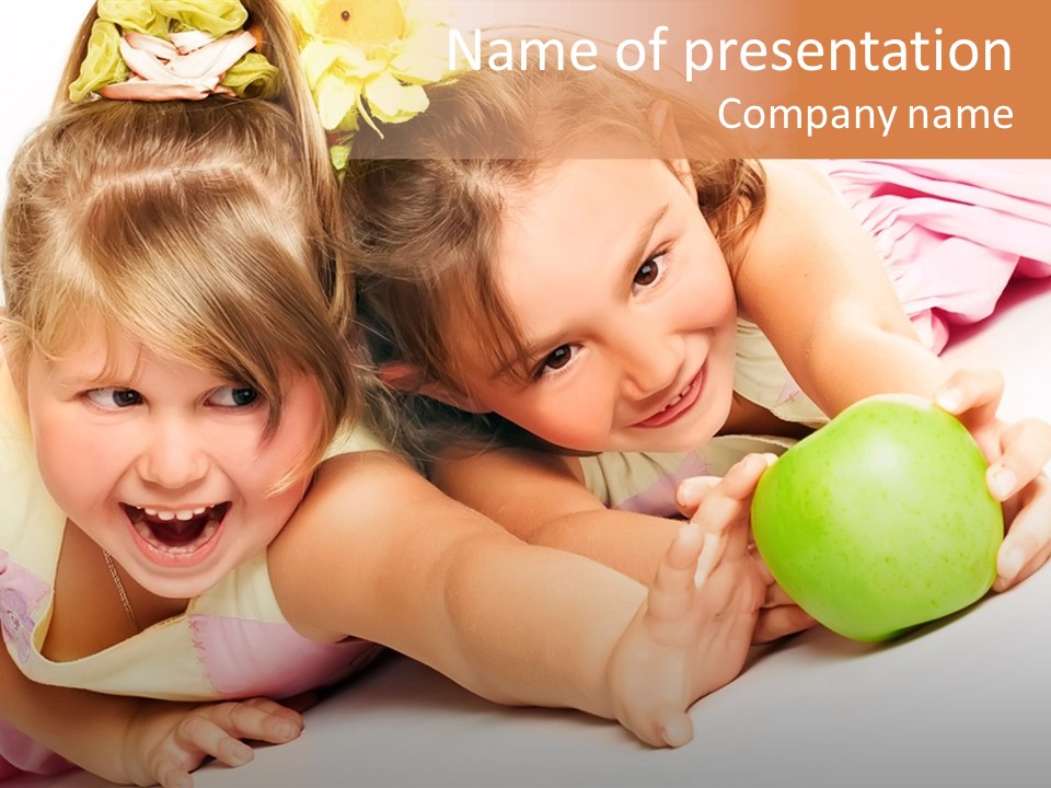 Two Beautiful Children Struggle For Apple Over White PowerPoint Template