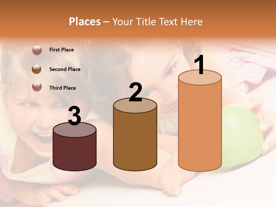 Two Beautiful Children Struggle For Apple Over White PowerPoint Template