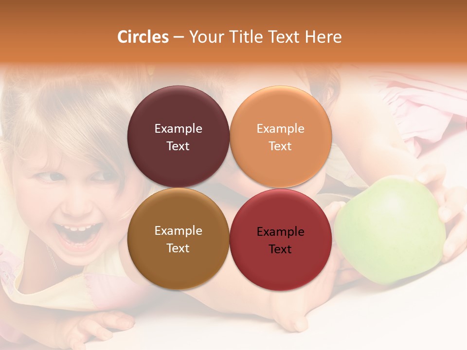 Two Beautiful Children Struggle For Apple Over White PowerPoint Template