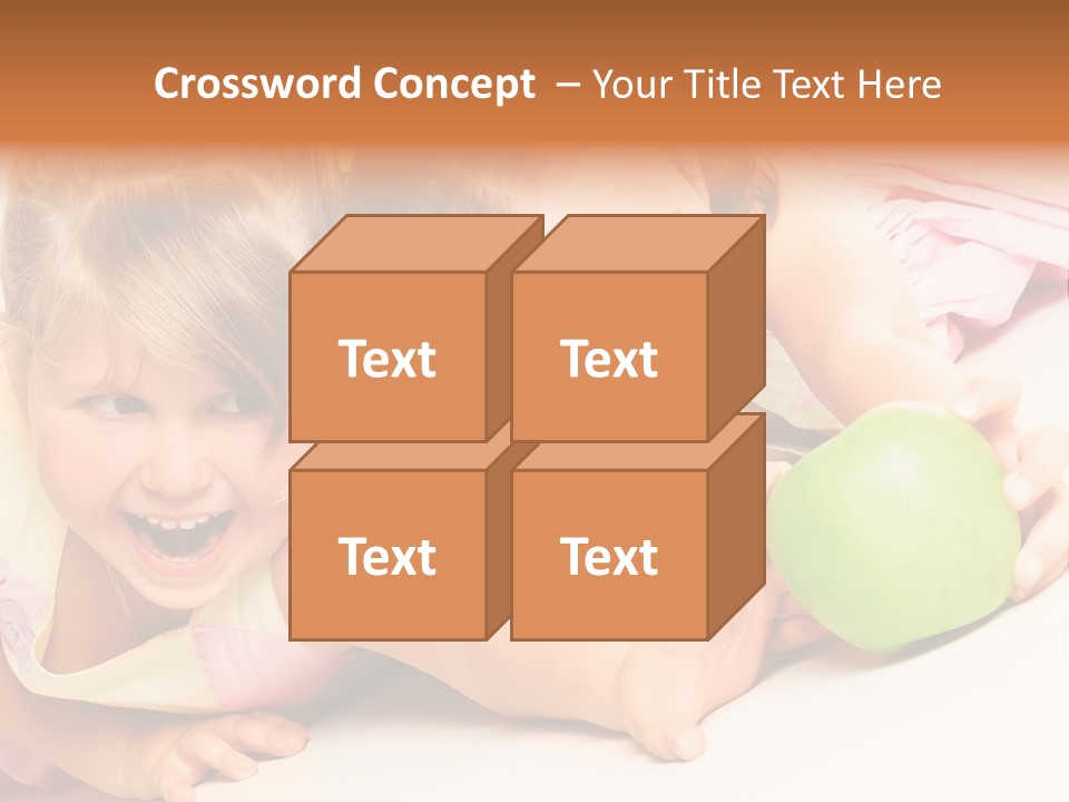 Two Beautiful Children Struggle For Apple Over White PowerPoint Template