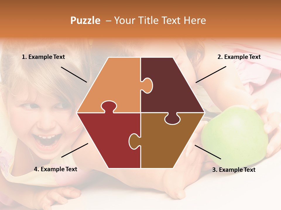 Two Beautiful Children Struggle For Apple Over White PowerPoint Template