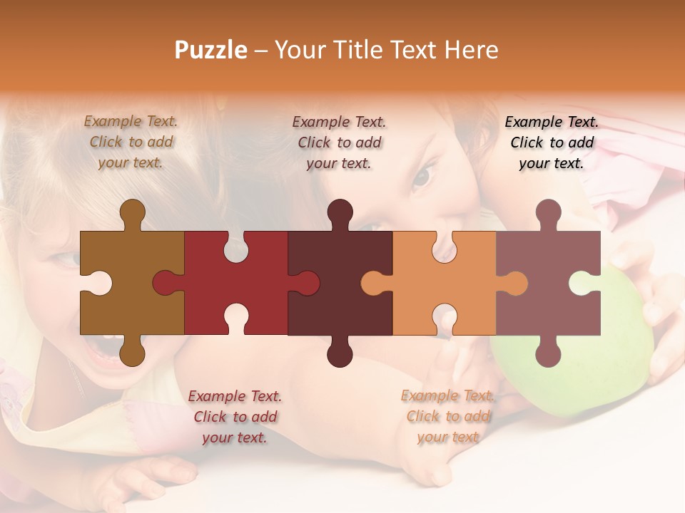 Two Beautiful Children Struggle For Apple Over White PowerPoint Template