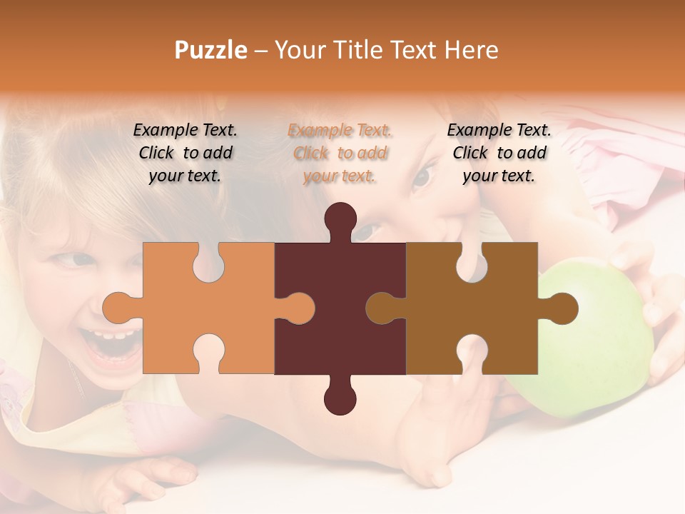 Two Beautiful Children Struggle For Apple Over White PowerPoint Template