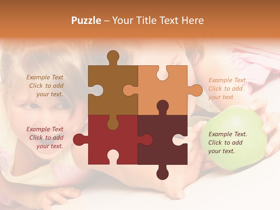 Two Beautiful Children Struggle For Apple Over White PowerPoint Template