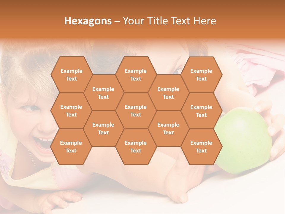 Two Beautiful Children Struggle For Apple Over White PowerPoint Template