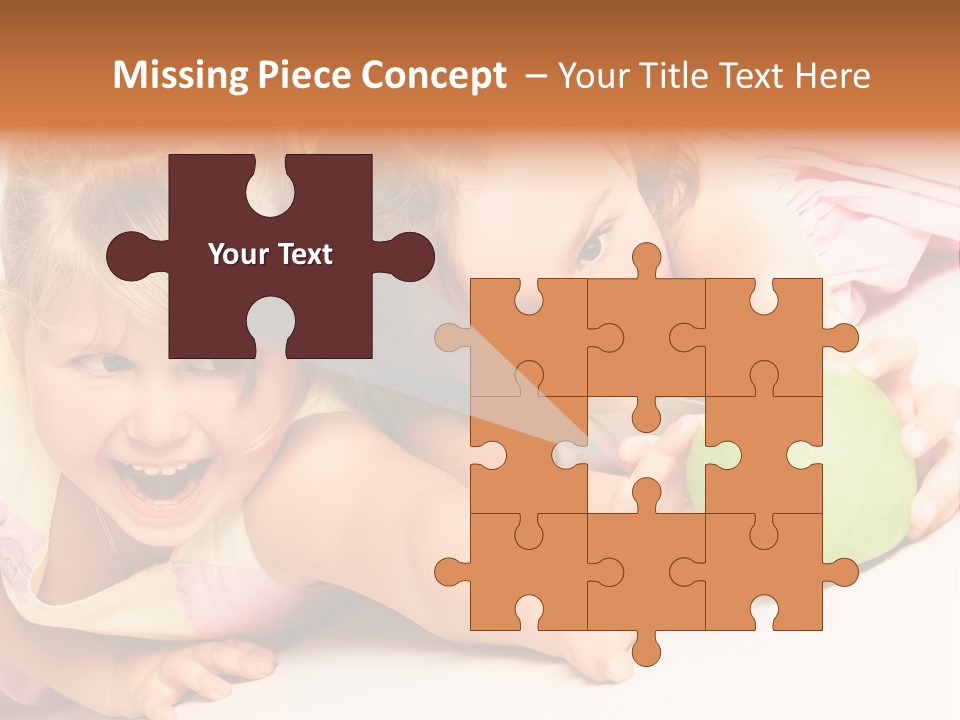 Two Beautiful Children Struggle For Apple Over White PowerPoint Template