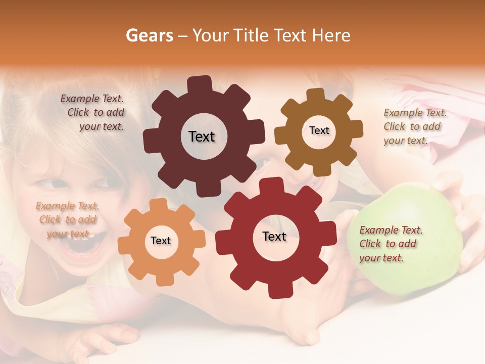 Two Beautiful Children Struggle For Apple Over White PowerPoint Template