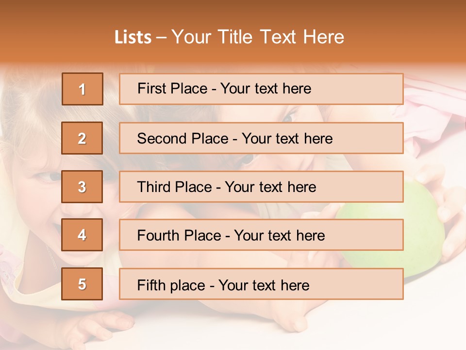 Two Beautiful Children Struggle For Apple Over White PowerPoint Template