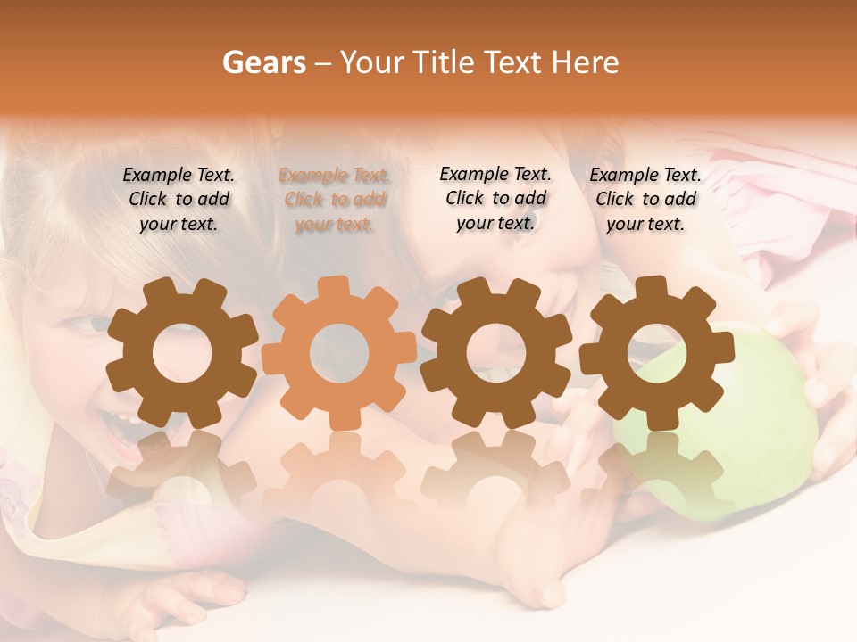 Two Beautiful Children Struggle For Apple Over White PowerPoint Template