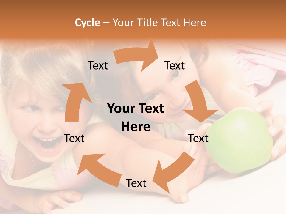 Two Beautiful Children Struggle For Apple Over White PowerPoint Template