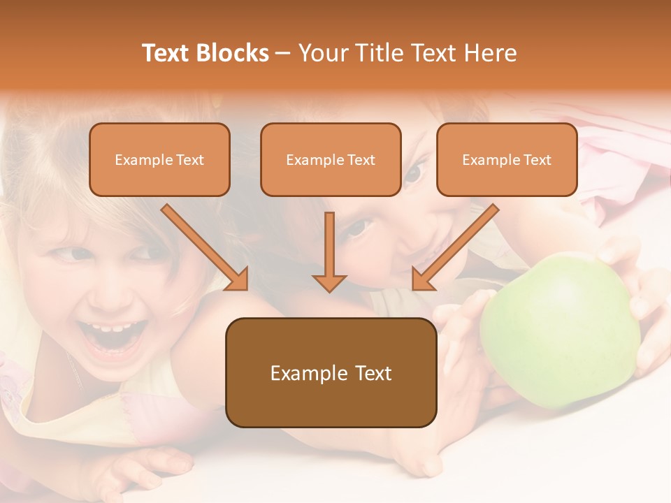 Two Beautiful Children Struggle For Apple Over White PowerPoint Template
