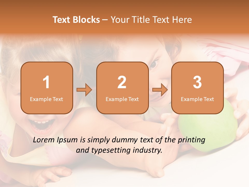 Two Beautiful Children Struggle For Apple Over White PowerPoint Template