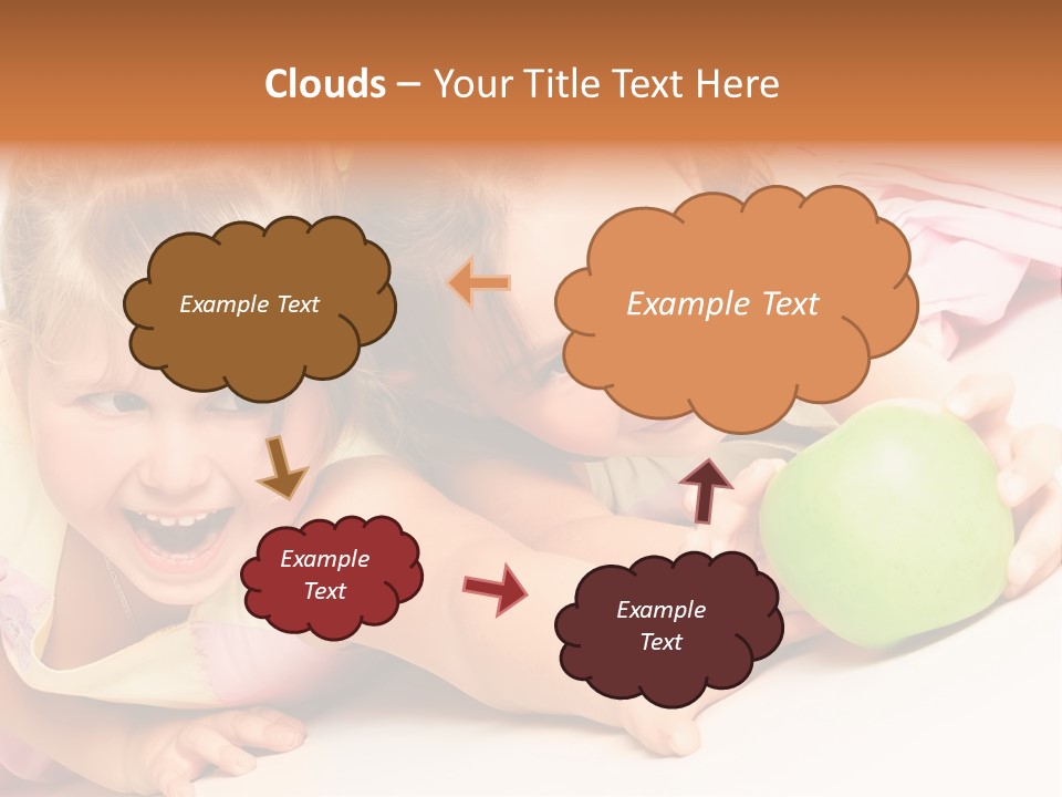 Two Beautiful Children Struggle For Apple Over White PowerPoint Template