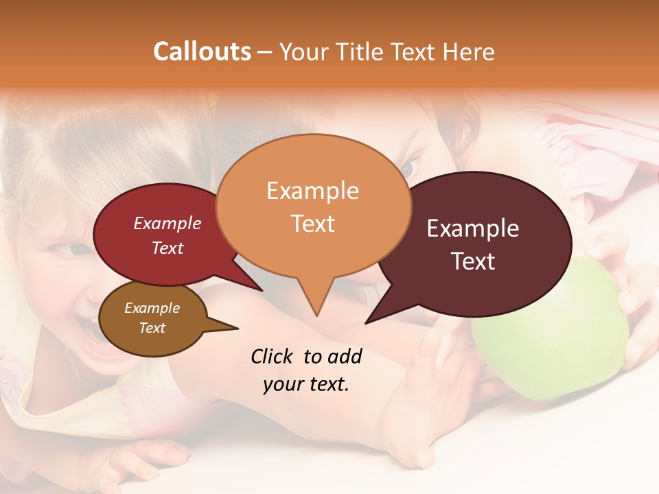 Two Beautiful Children Struggle For Apple Over White PowerPoint Template