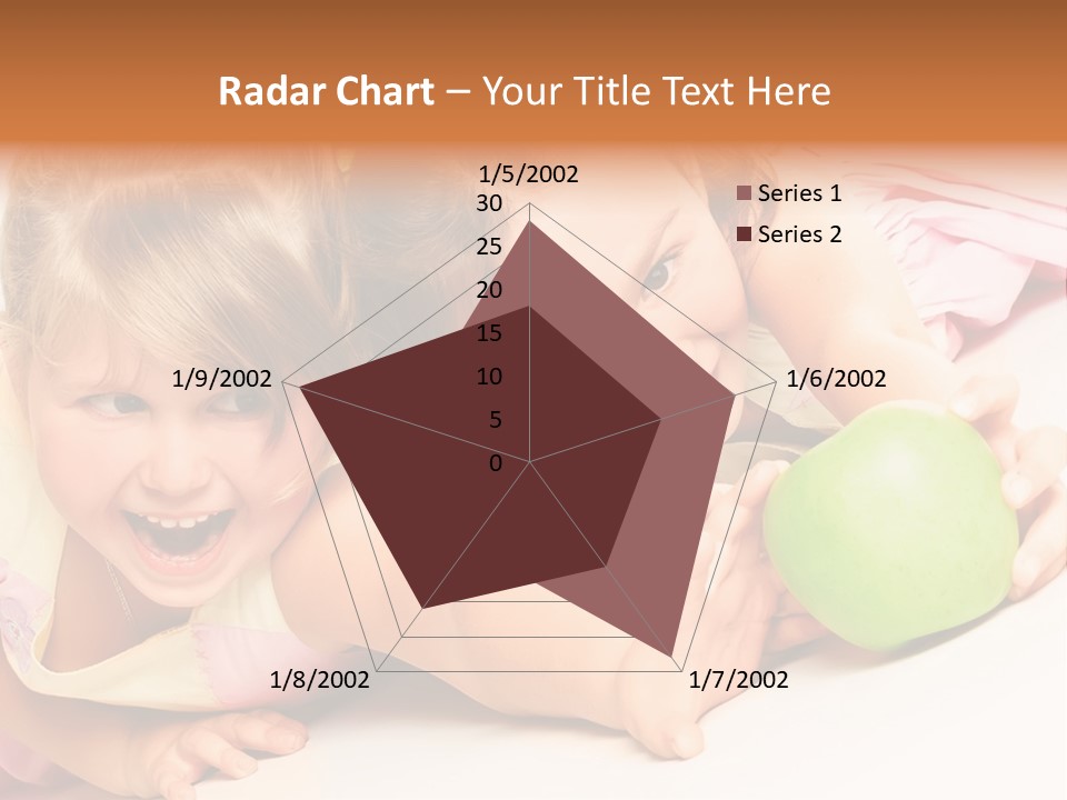 Two Beautiful Children Struggle For Apple Over White PowerPoint Template
