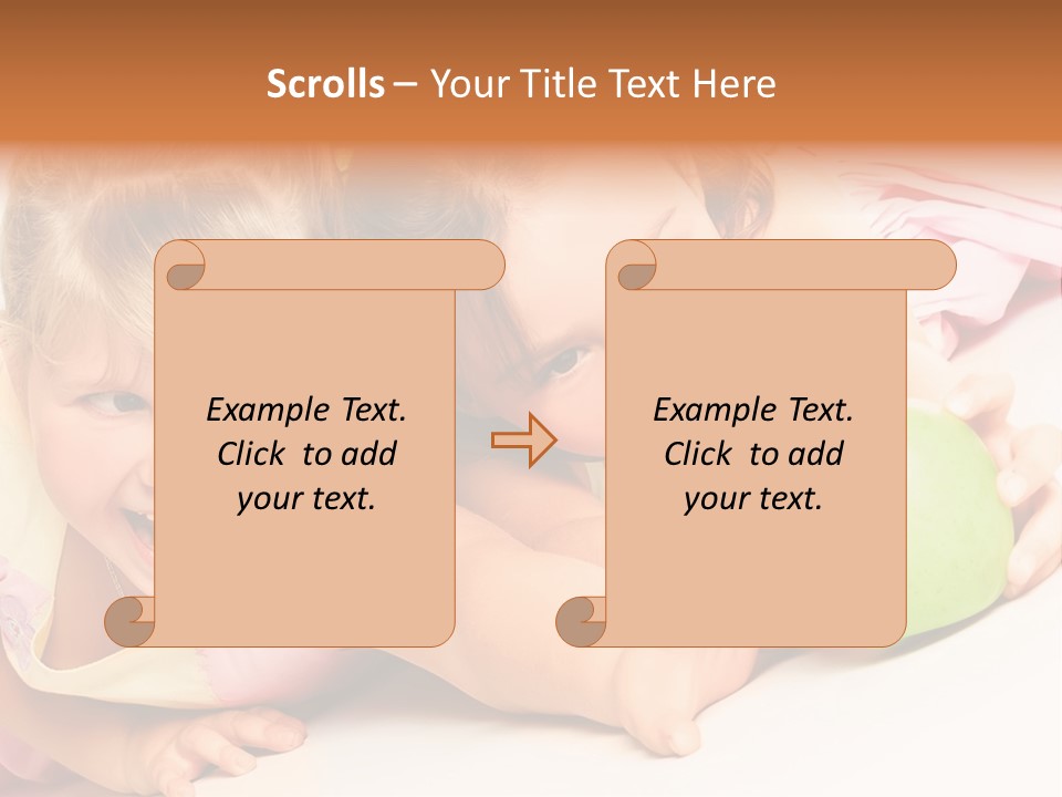 Two Beautiful Children Struggle For Apple Over White PowerPoint Template