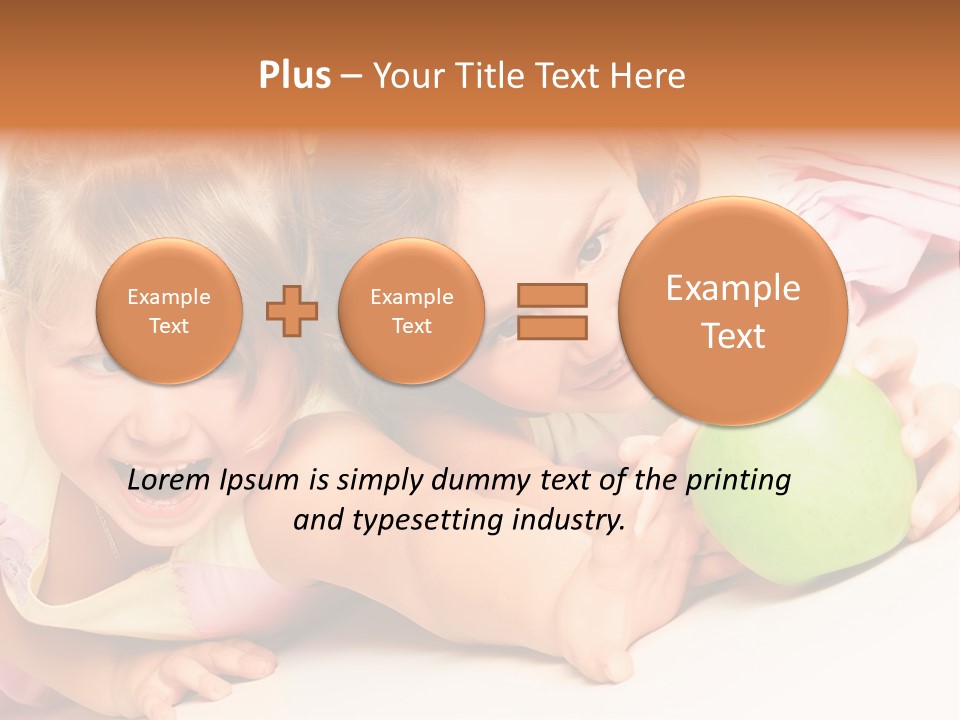 Two Beautiful Children Struggle For Apple Over White PowerPoint Template