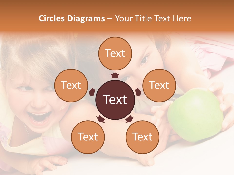 Two Beautiful Children Struggle For Apple Over White PowerPoint Template