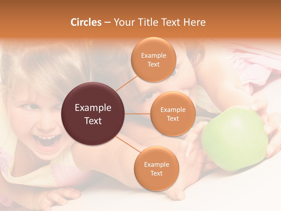 Two Beautiful Children Struggle For Apple Over White PowerPoint Template