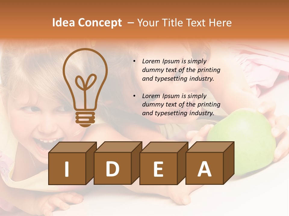 Two Beautiful Children Struggle For Apple Over White PowerPoint Template