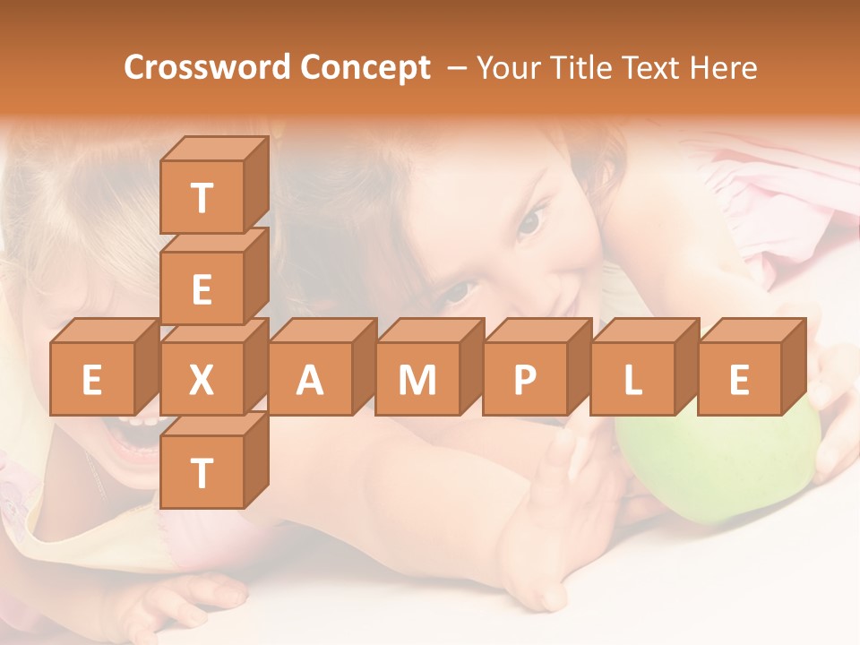 Two Beautiful Children Struggle For Apple Over White PowerPoint Template