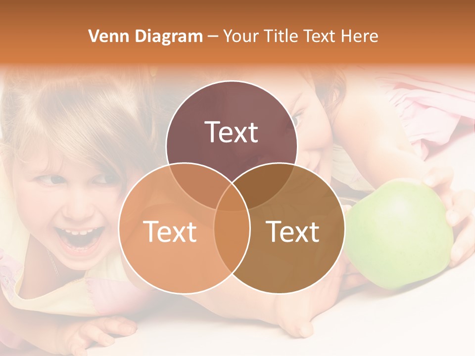 Two Beautiful Children Struggle For Apple Over White PowerPoint Template