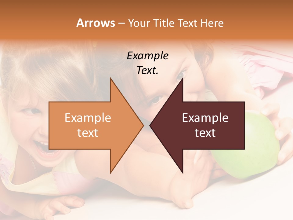 Two Beautiful Children Struggle For Apple Over White PowerPoint Template