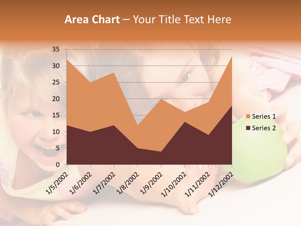Two Beautiful Children Struggle For Apple Over White PowerPoint Template