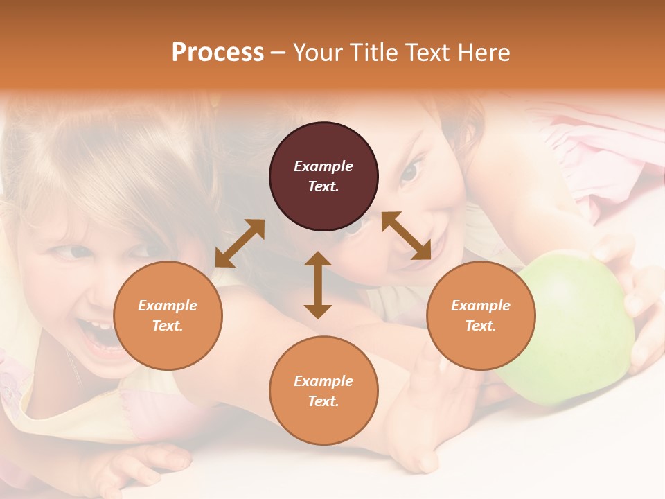 Two Beautiful Children Struggle For Apple Over White PowerPoint Template