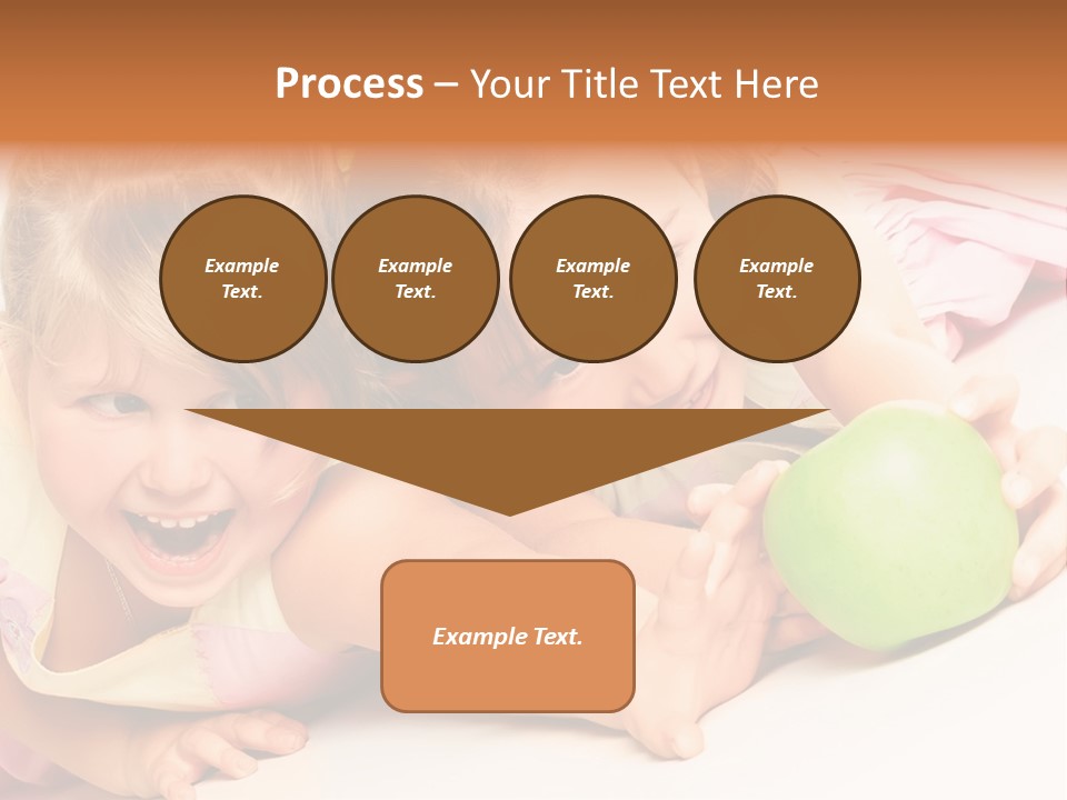 Two Beautiful Children Struggle For Apple Over White PowerPoint Template