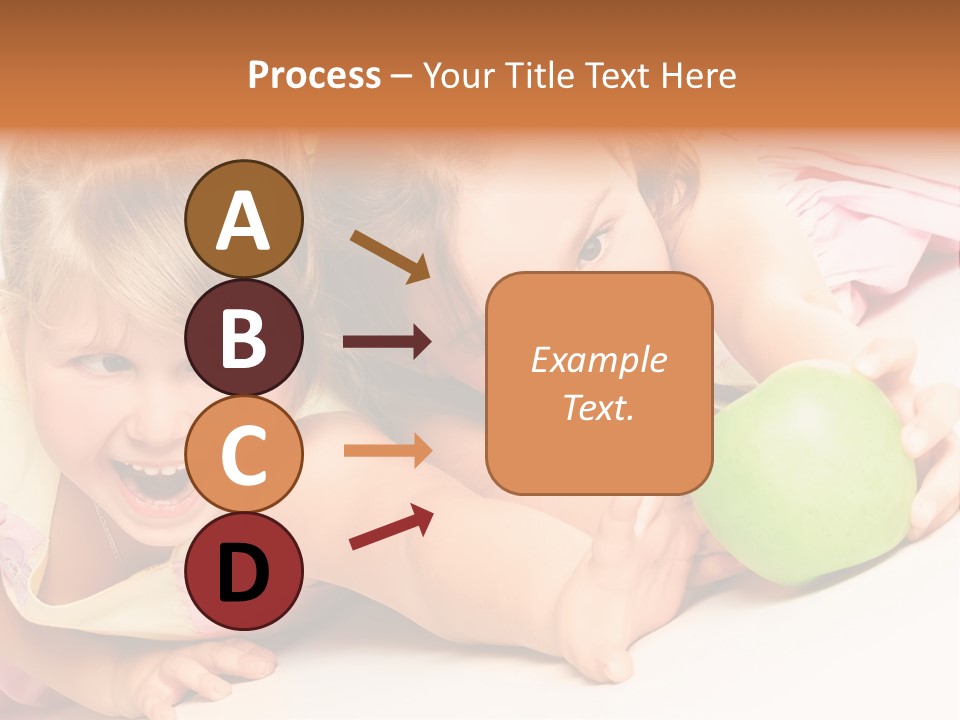 Two Beautiful Children Struggle For Apple Over White PowerPoint Template