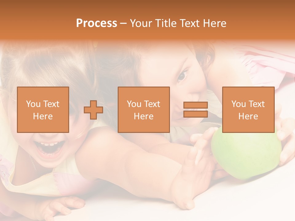 Two Beautiful Children Struggle For Apple Over White PowerPoint Template