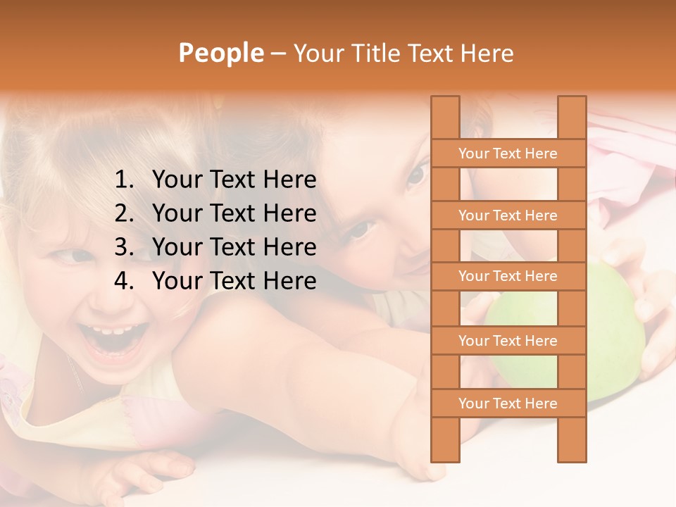 Two Beautiful Children Struggle For Apple Over White PowerPoint Template