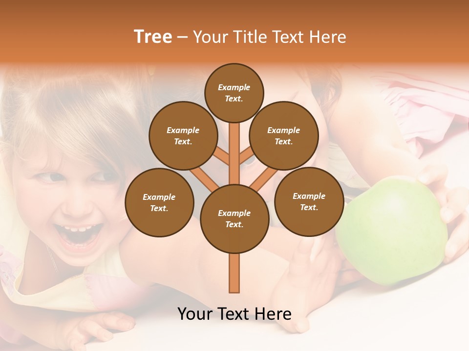 Two Beautiful Children Struggle For Apple Over White PowerPoint Template