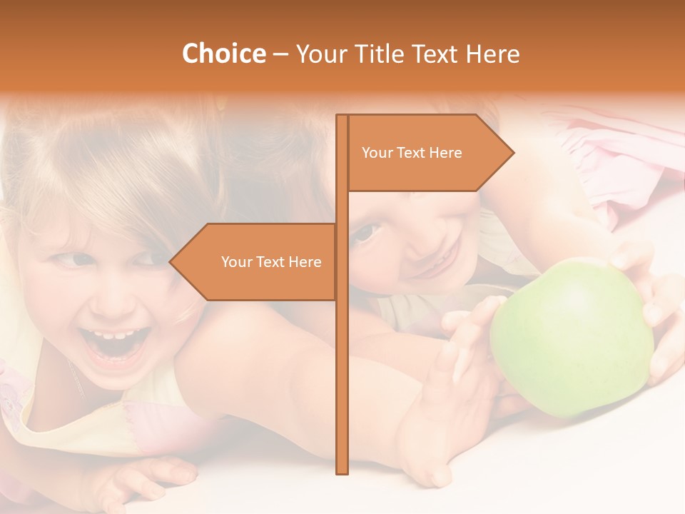 Two Beautiful Children Struggle For Apple Over White PowerPoint Template