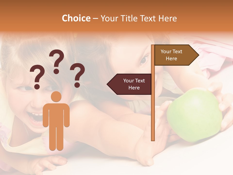 Two Beautiful Children Struggle For Apple Over White PowerPoint Template