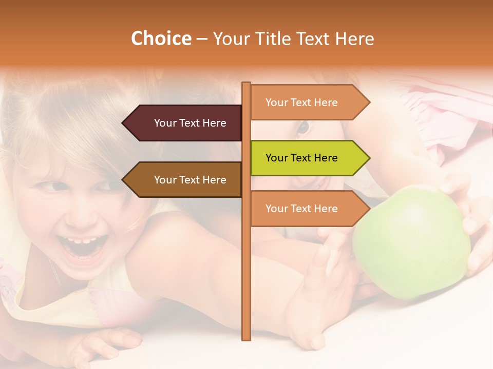 Two Beautiful Children Struggle For Apple Over White PowerPoint Template