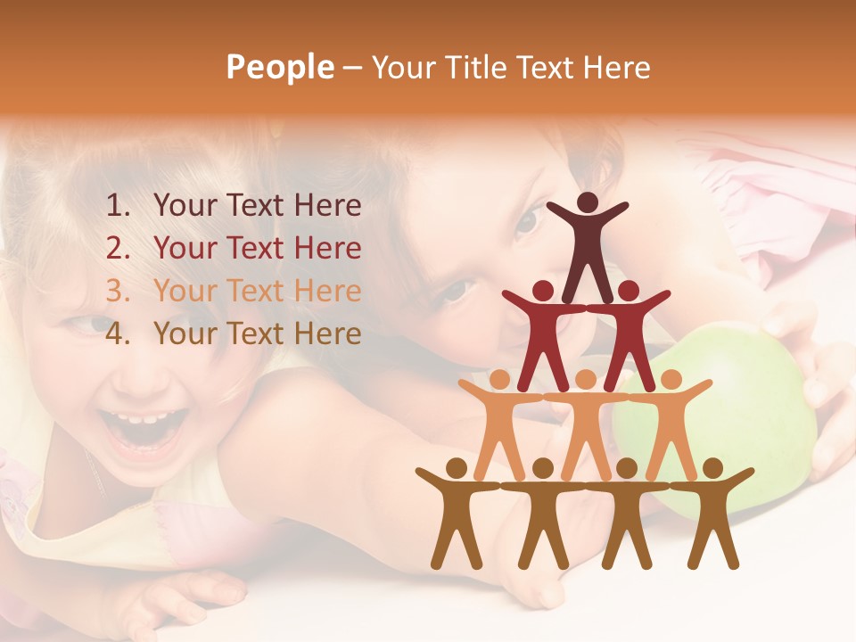 Two Beautiful Children Struggle For Apple Over White PowerPoint Template