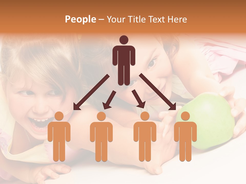 Two Beautiful Children Struggle For Apple Over White PowerPoint Template