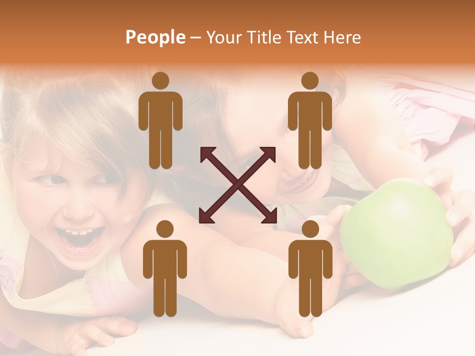 Two Beautiful Children Struggle For Apple Over White PowerPoint Template