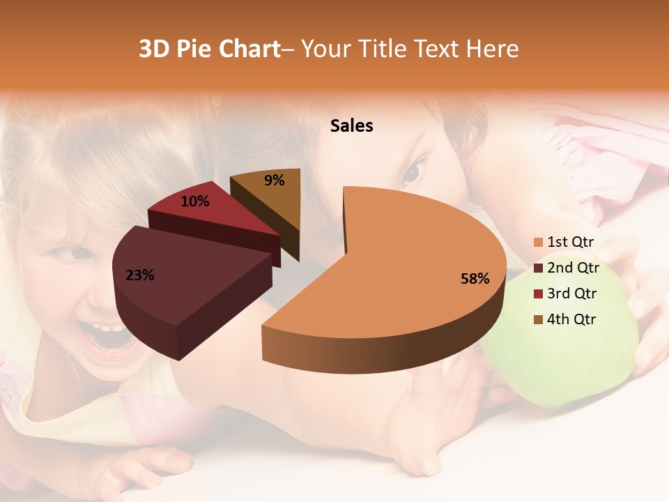 Two Beautiful Children Struggle For Apple Over White PowerPoint Template