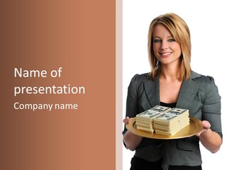 Beautiful Young Woman With Money On A Platter PowerPoint Template