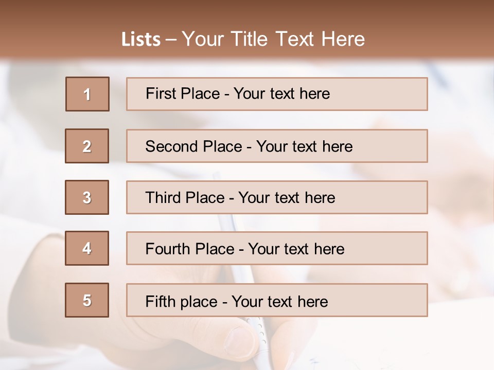 Business People Sitting In A Row And Writing Notes. Close-Up Of Writing Hands. Browse My Portfolio For Horizontal Version. PowerPoint Template