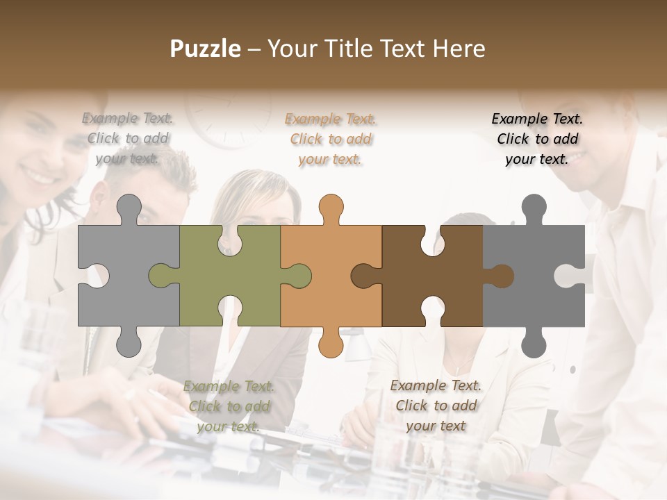 Five Business Colleagues Sitting Around Table And Working Together, Looking At Camera, Smiling. PowerPoint Template