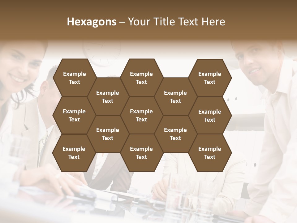 Five Business Colleagues Sitting Around Table And Working Together, Looking At Camera, Smiling. PowerPoint Template
