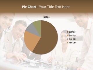 Five Business Colleagues Sitting Around Table And Working Together, Looking At Camera, Smiling. PowerPoint Template