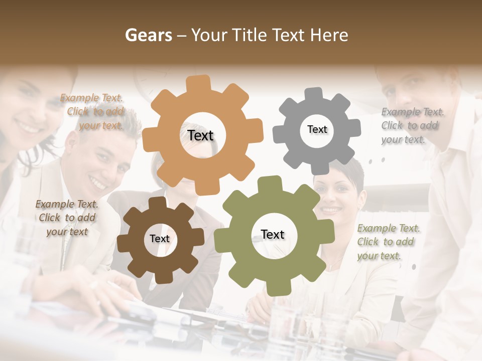 Five Business Colleagues Sitting Around Table And Working Together, Looking At Camera, Smiling. PowerPoint Template