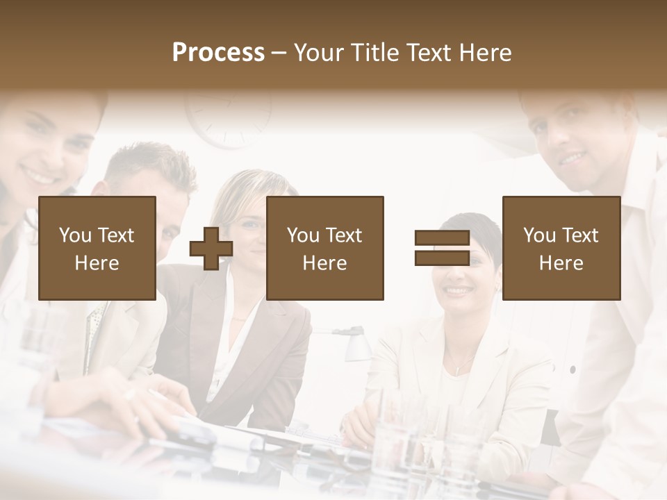 Five Business Colleagues Sitting Around Table And Working Together, Looking At Camera, Smiling. PowerPoint Template